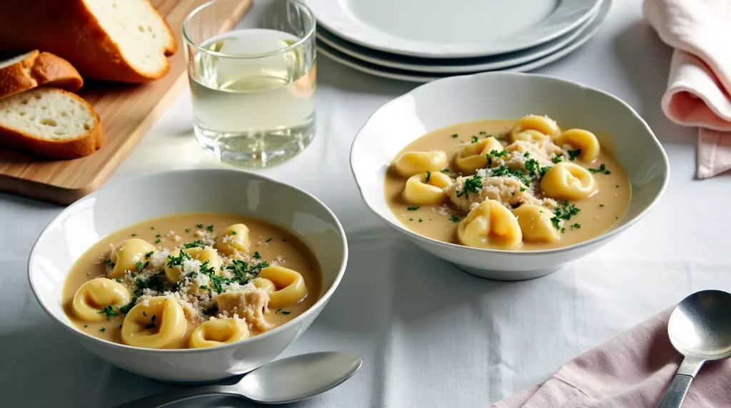 Soup bowls with crusty bread and drinks on a dinner table