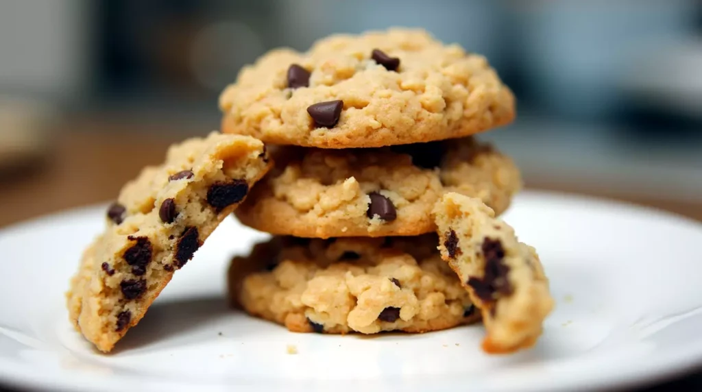 Stack of baked rice krispie chocolate chip cookies with one broken cookie showing inside
