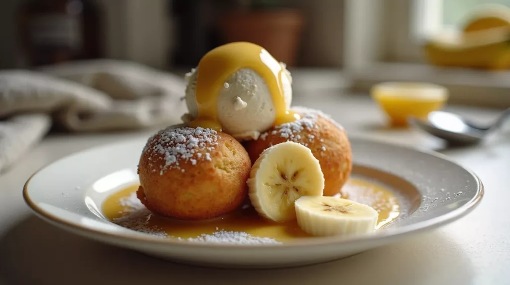 Banana fried ice cream served with sliced bananas and honey drizzle