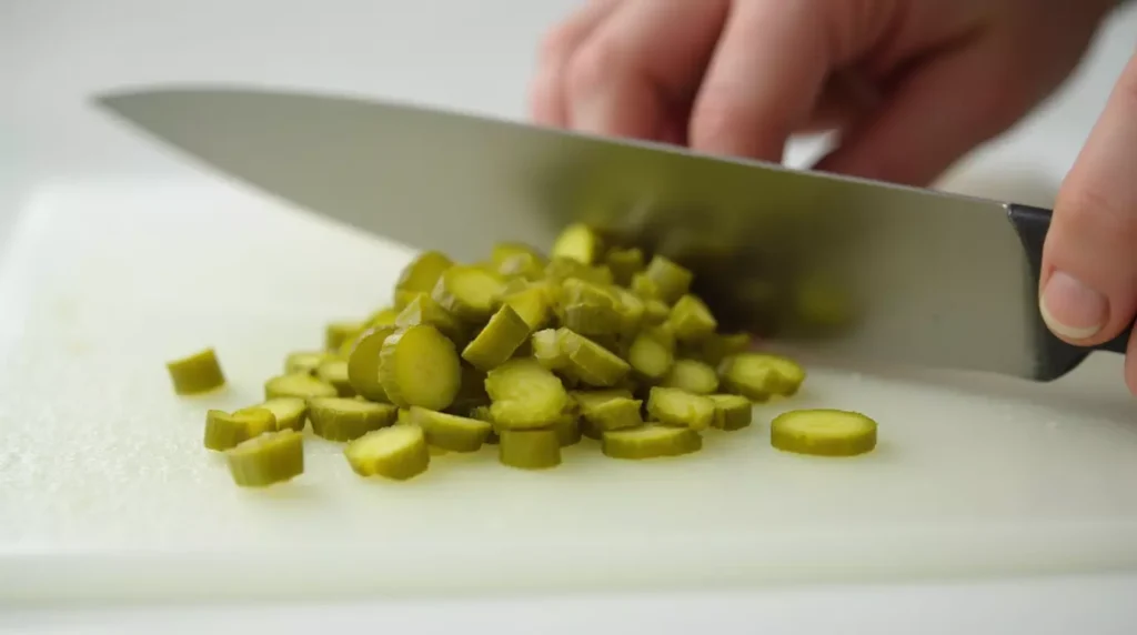 Dill pickles being chopped on a white cutting board