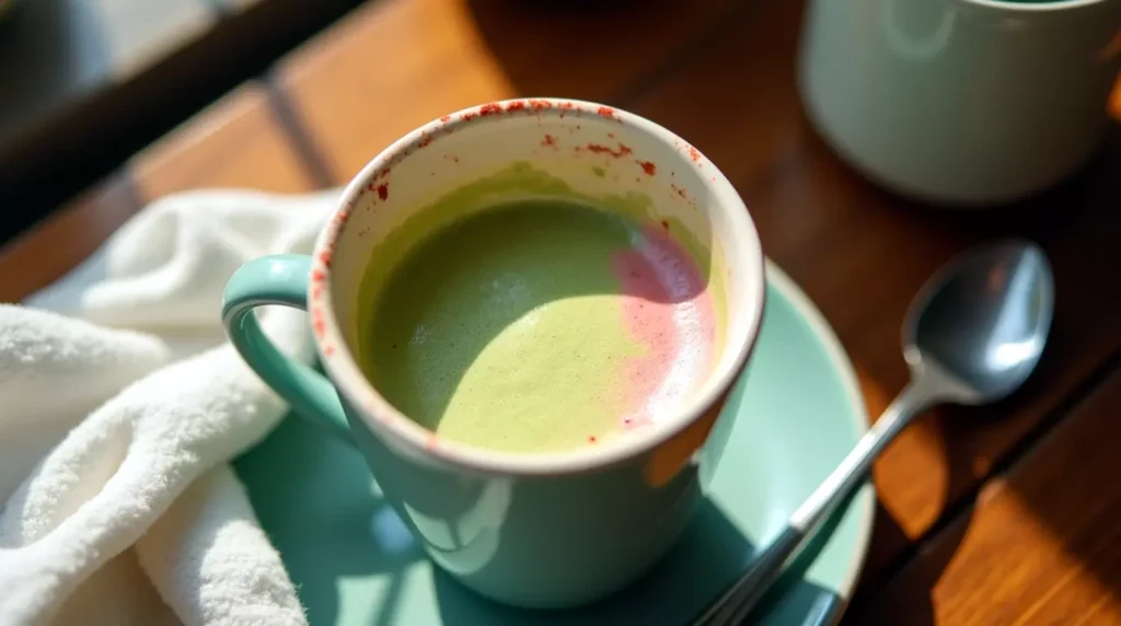 Close-up of an empty mug with matcha and strawberry traces and a spoon on the side