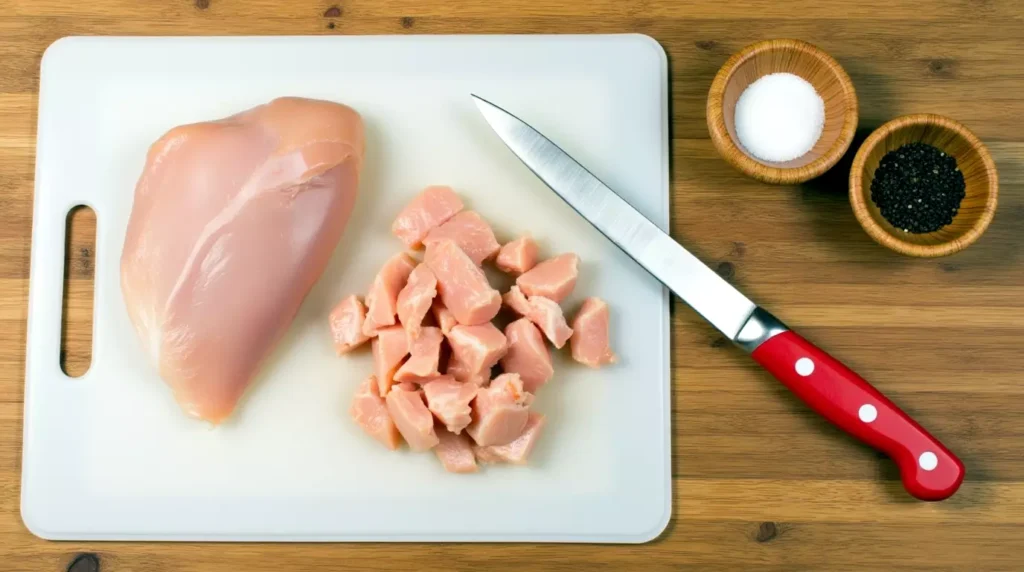 Diced chicken and whole chicken breast on a white cutting board with sea salt and pepper for bone broth chicken soup keto