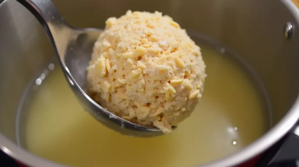 Coated banana ice cream ball being fried in bubbling oil