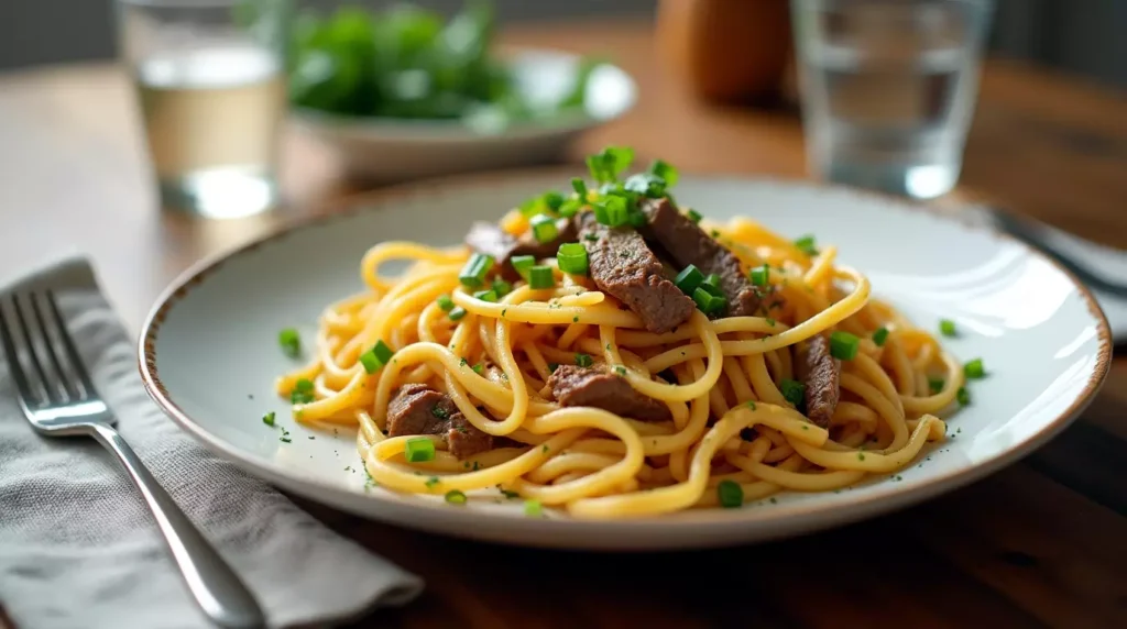 Plate of garlic butter steak lightning noodles on a table with fork and glass of water