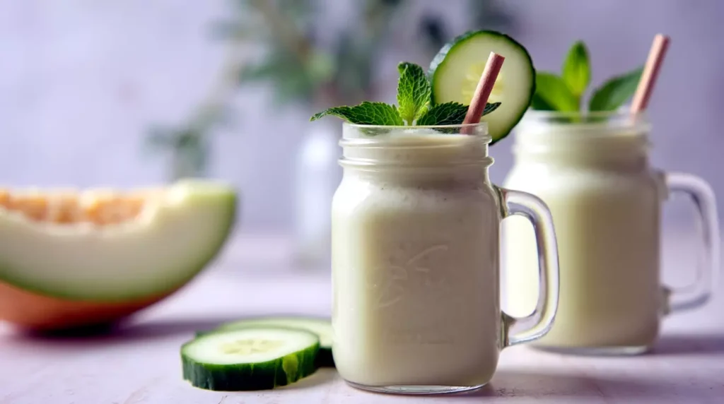 Avocado honeydew smoothie topped with mint and cucumber in mason jar