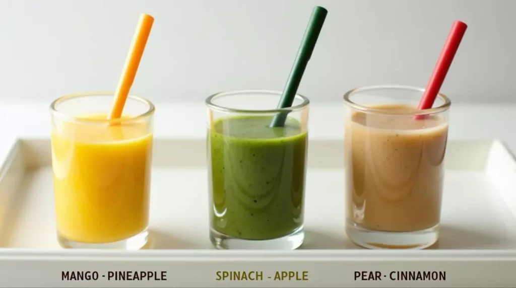 Three different ginger smoothies in small glasses with varied fruit bases