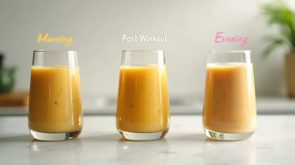 Three labeled ginger smoothies for morning, post-workout, and evening on a modern surface