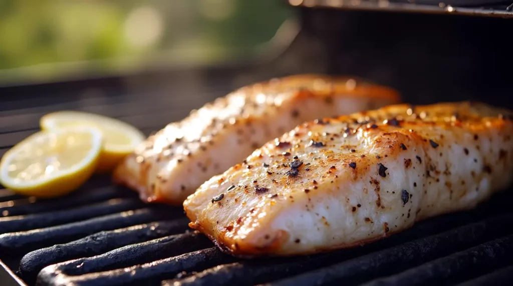 Trout fillets on grill with lemon slices and grill marks