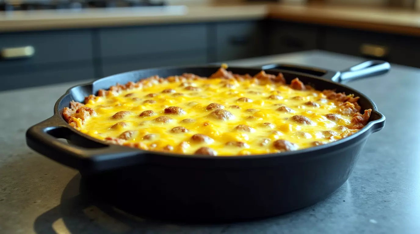 Hot Sausage Beer Cheese Dip in Cast Iron Skillet