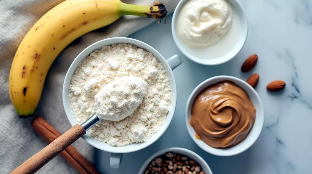 Top-down view of banana, collagen powder, almond milk, cinnamon, and nut butter