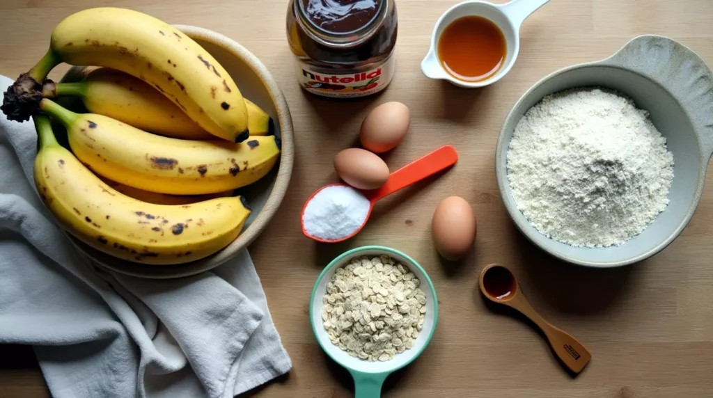 Rolled oats, ripe bananas, Nutella, eggs, and vanilla on a wood counter