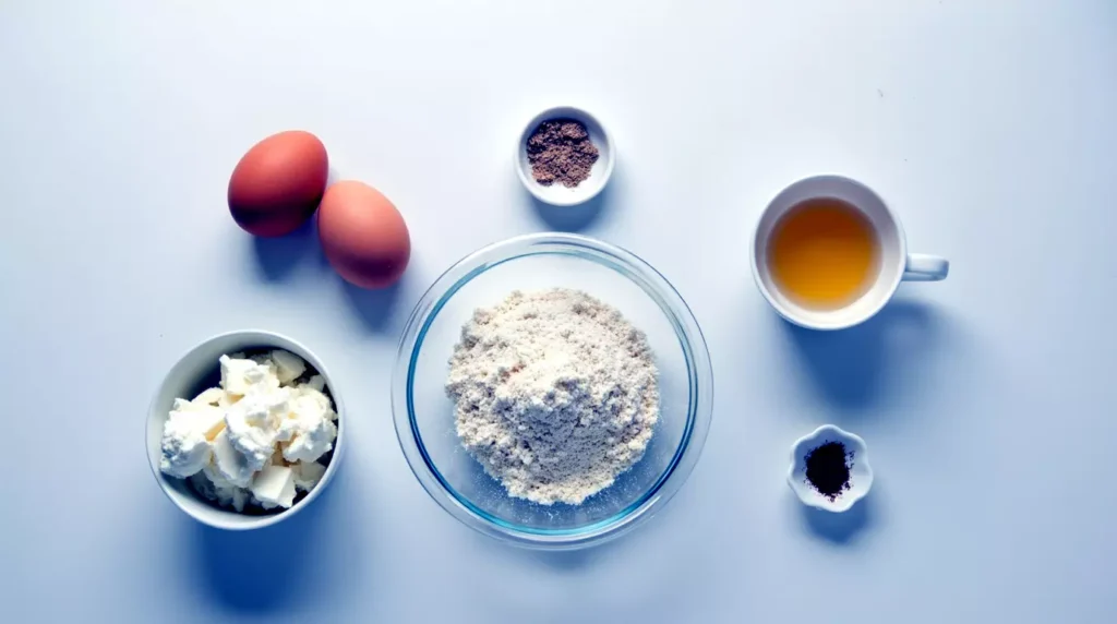 Top-down view of all ingredients including almond flour, cottage cheese, eggs, baking powder, salt, mozzarella, and bagel seasoning on a clean white surface.
