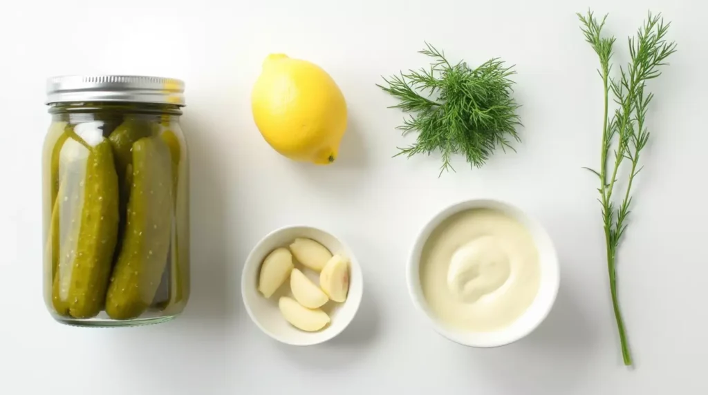 Flat lay of pickles, mayo, garlic, lemon, and dill for aioli