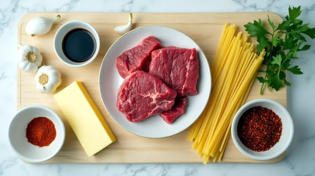 Flat lay of steak, butter, garlic, dry noodles, soy sauce, and chili flakes on a clean kitchen counter