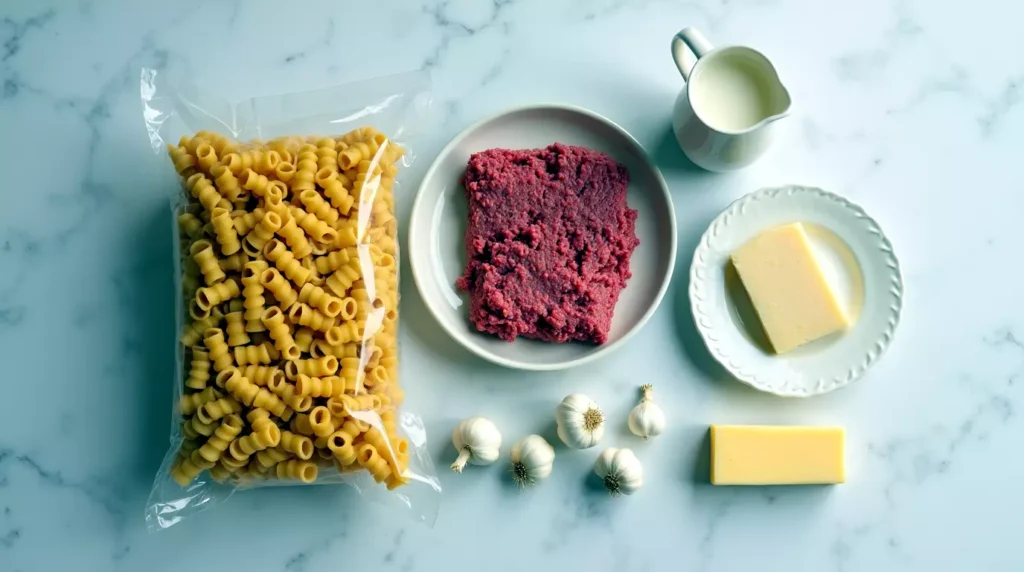 Raw ingredients for beef and rotini in garlic parmesan sauce laid out on a kitchen counter