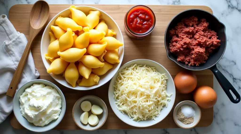 Flat lay of ricotta, ground beef, mozzarella, pasta shells, and sauce on a kitchen counter
