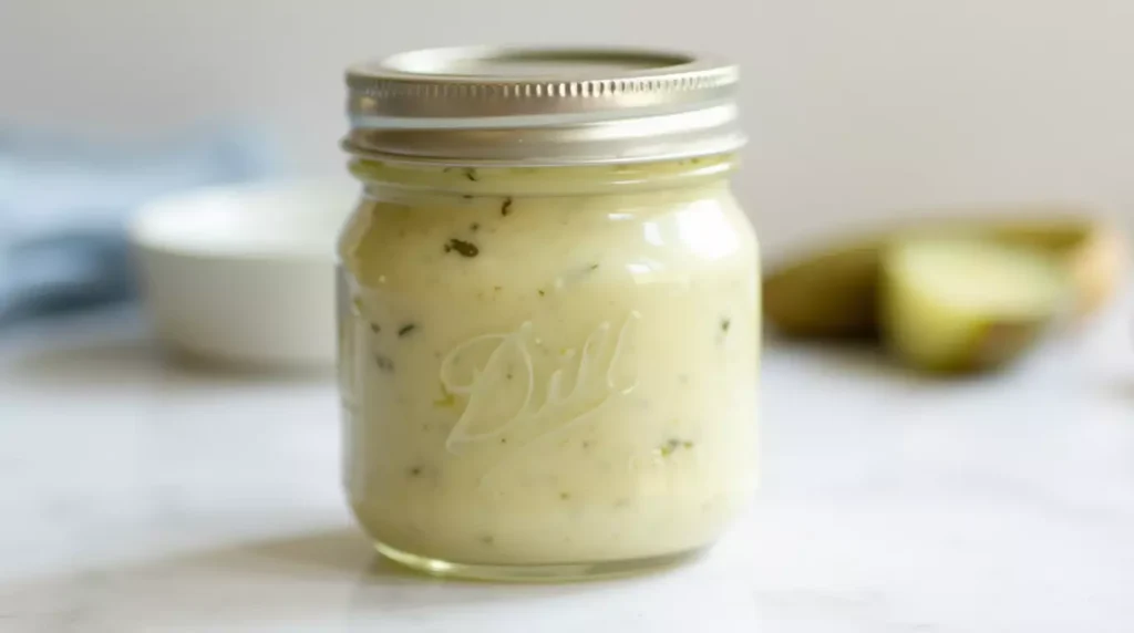 Sealed jar of dill pickle aioli on a kitchen counter