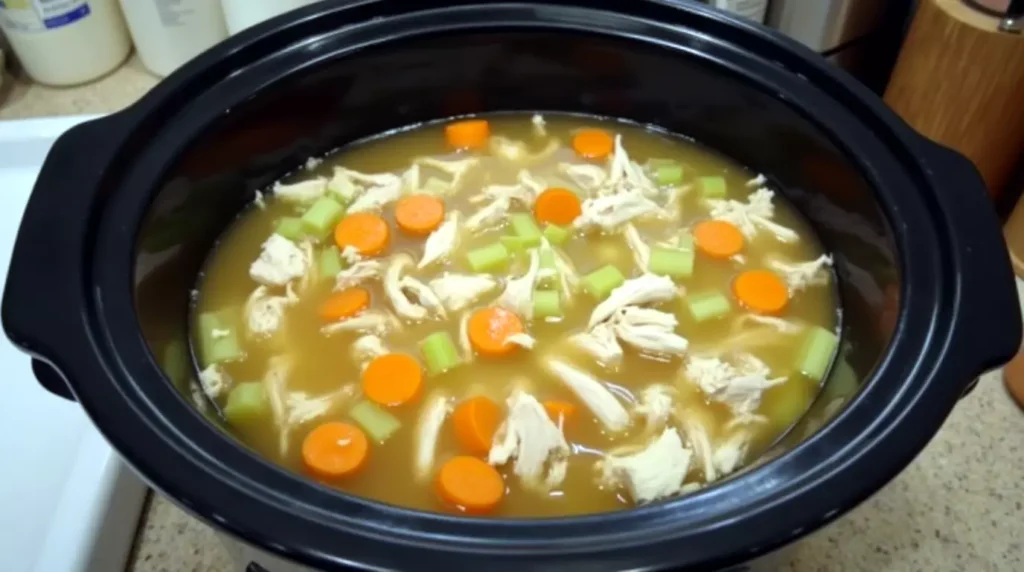 Keto chicken soup cooking in a crock pot with chicken, broth and herbs.