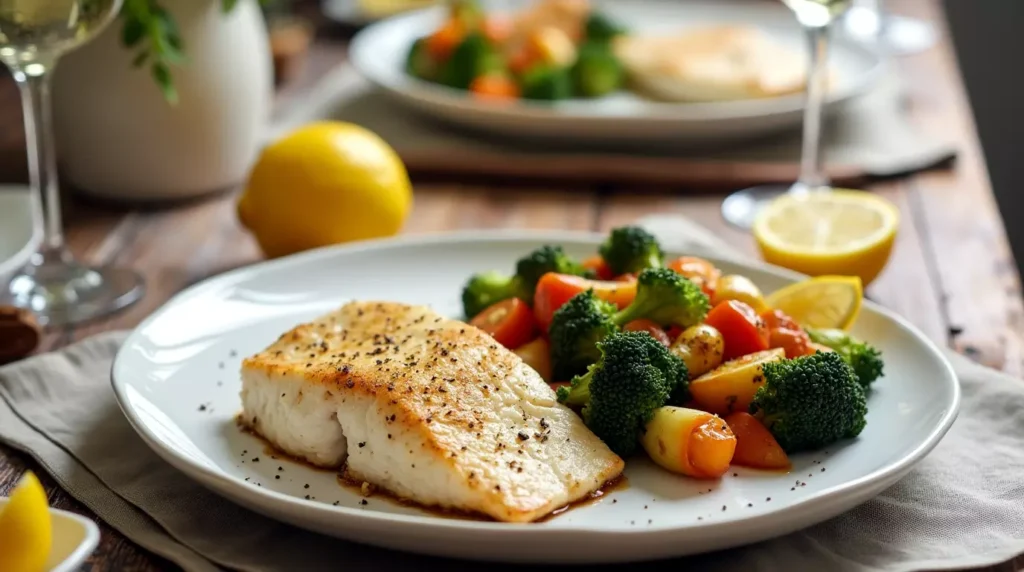 Cooked trout served with roasted vegetables and lemon on a kitchen table
