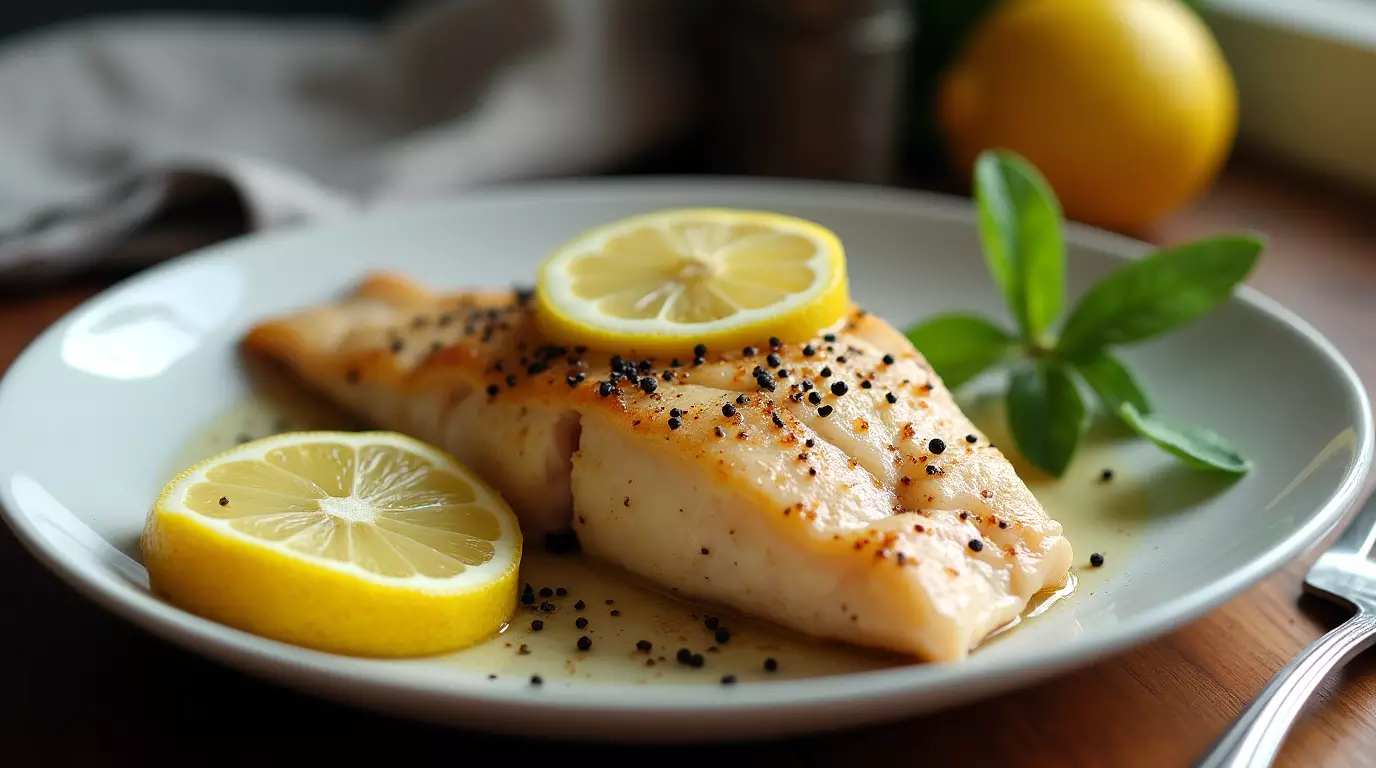 Cooked lemon pepper trout fillet served with lemon slices on a ceramic plate