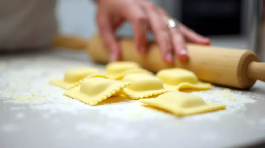 Homemade ravioli squares filled with Parmigiano ricotta mixture on floured dough