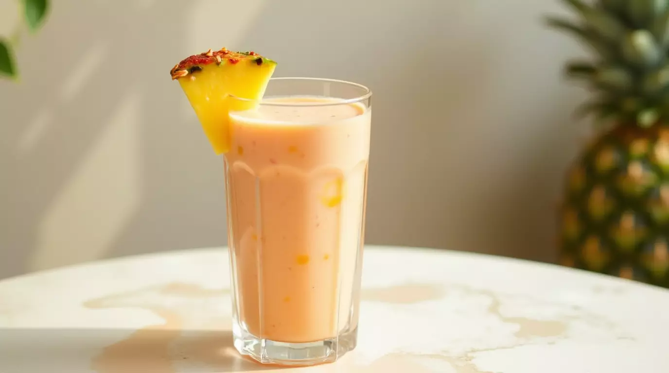 Vibrant smoothie in a tall glass with strawberry garnish
