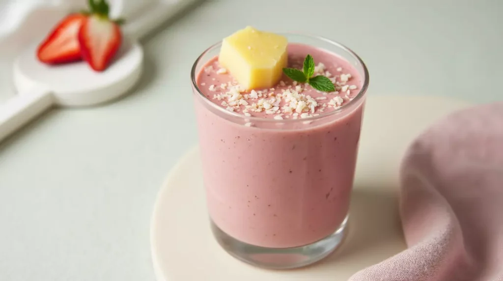 Smoothie topped with coconut flakes and mint in a clear glass