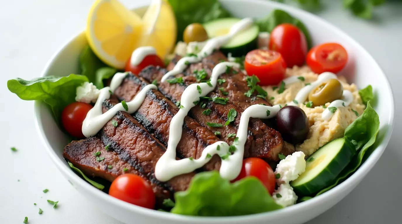 Mediterranean steak bowl topped with grilled steak, cherry tomatoes, hummus, cucumber, and yogurt dressing