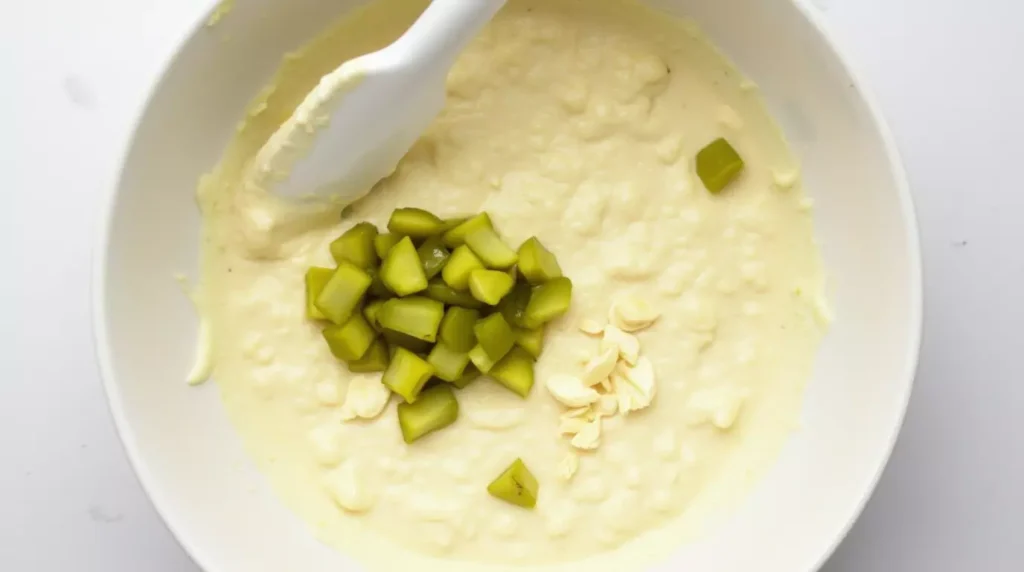Bowl of mayo, garlic, and pickles being mixed with a spatula
