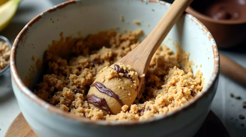 Wooden spoon mixing Nutella and oats into cookie dough in a bowl