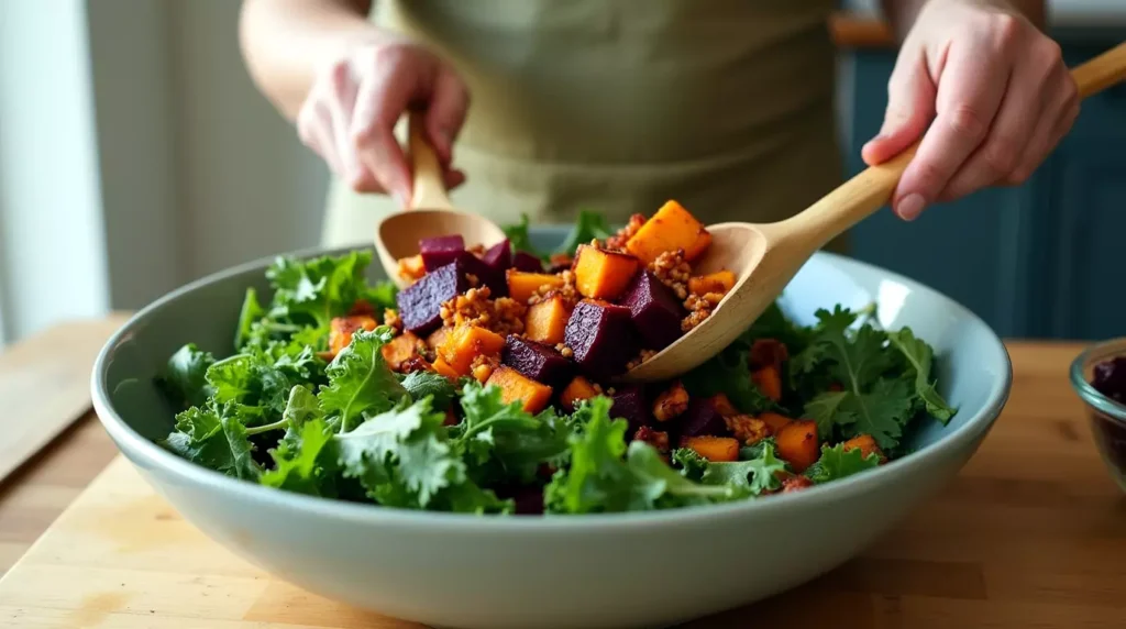 Hands tossing roasted sweet potatoes and beets with kale in a large bowl