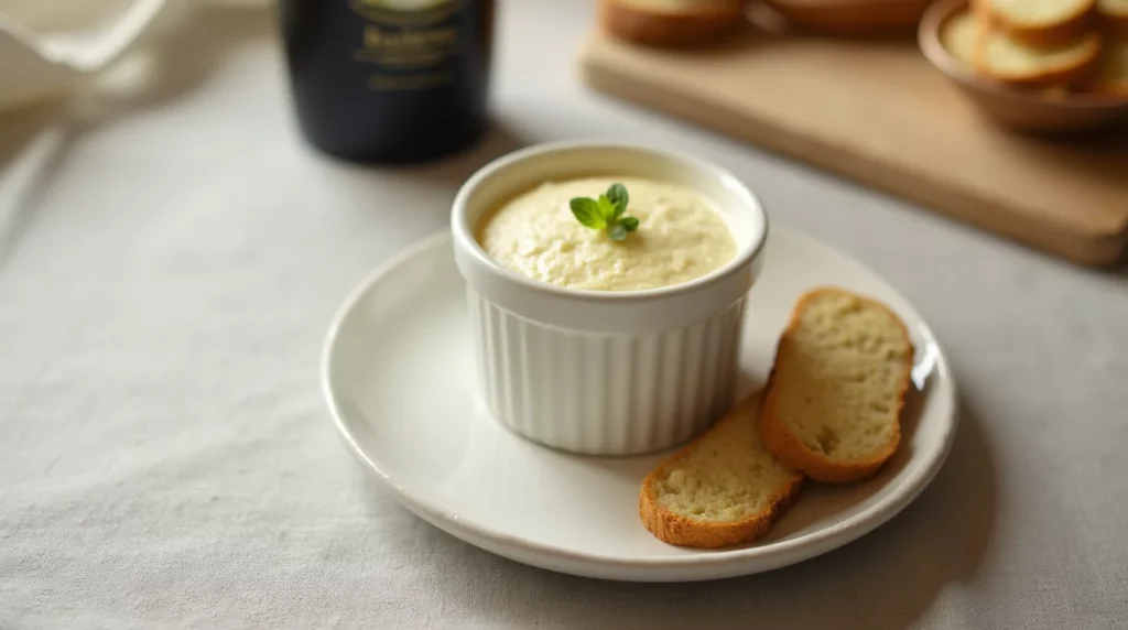 White chocolate Baileys mousse plated with biscotti on a small dessert plate