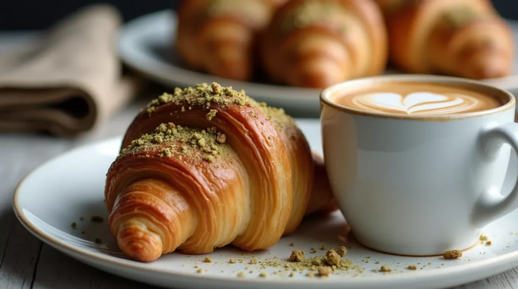 Pistachio croissant on plate with espresso cup beside it