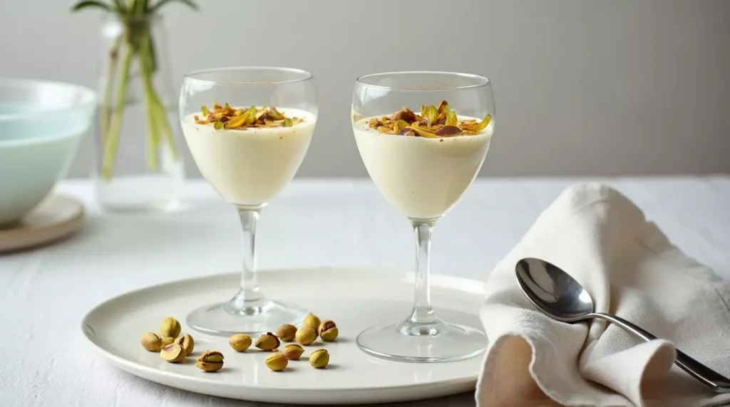 Two pistachio panna cotta glasses with spoons on a light table setting
