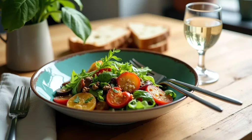 Kale beet salad served with bread and sparkling water on a wooden table