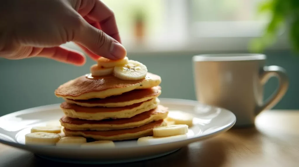 Freshly cooked pancakes being stacked on a ceramic plate