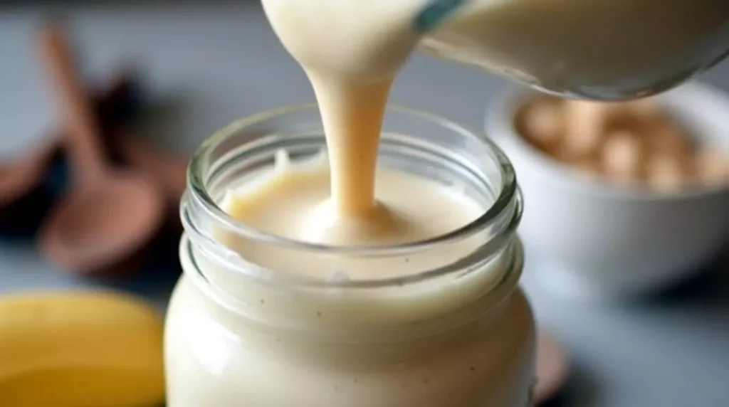 Thick banana collagen smoothie being poured from blender to jar