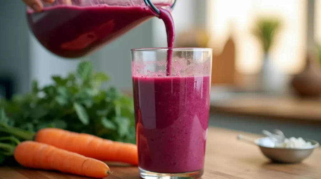 Smoothie with beets and carrots being poured from blender into glass