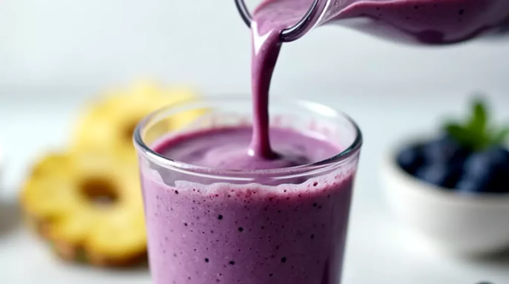 Smoothie being poured from blender into a glass