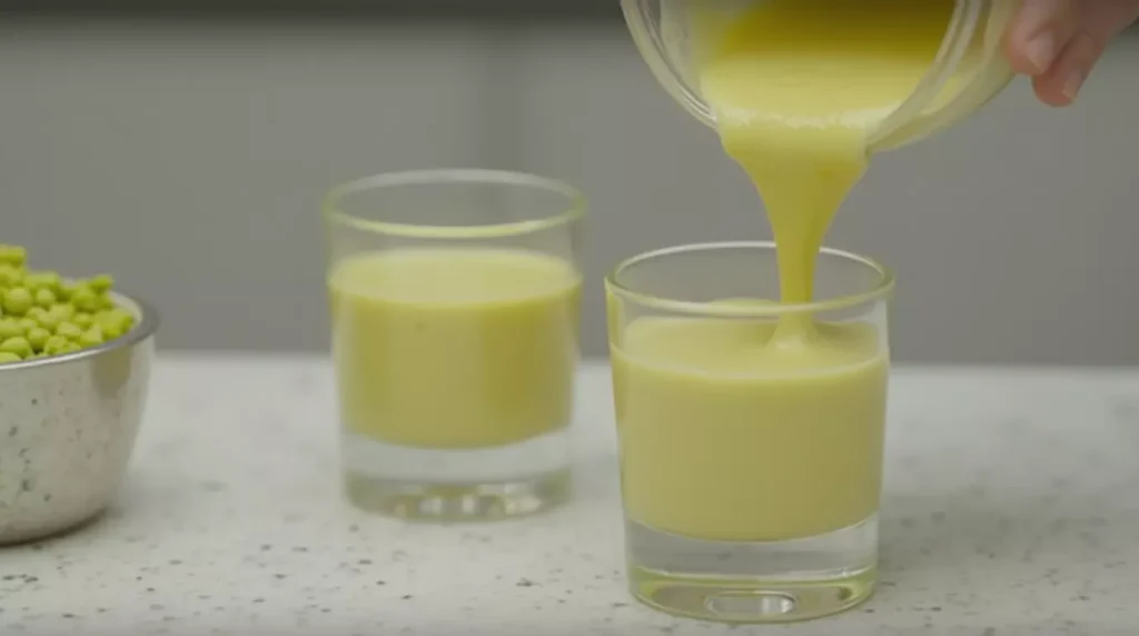 Pistachio panna cotta being poured into glass cups