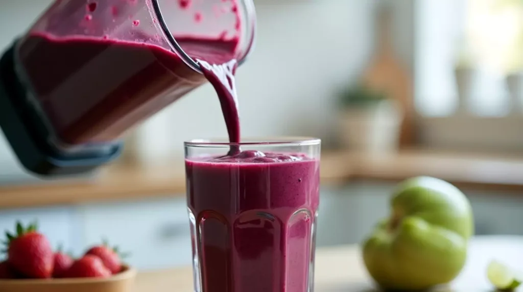 Smoothie being poured into a glass from a blender with natural lighting