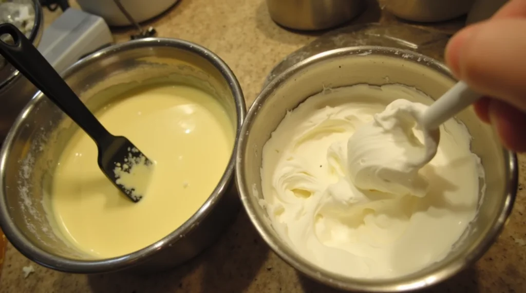 Whipped cream in a mixing bowl next to melted white chocolate