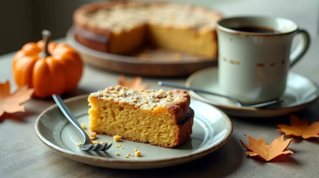 A slice of keto pumpkin coffee cake served with coffee and a fork