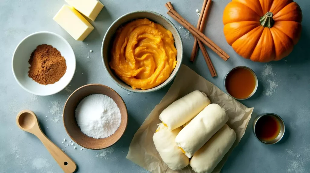 Ingredients for pumpkin cheesecake sopapilla laid out on rustic counter