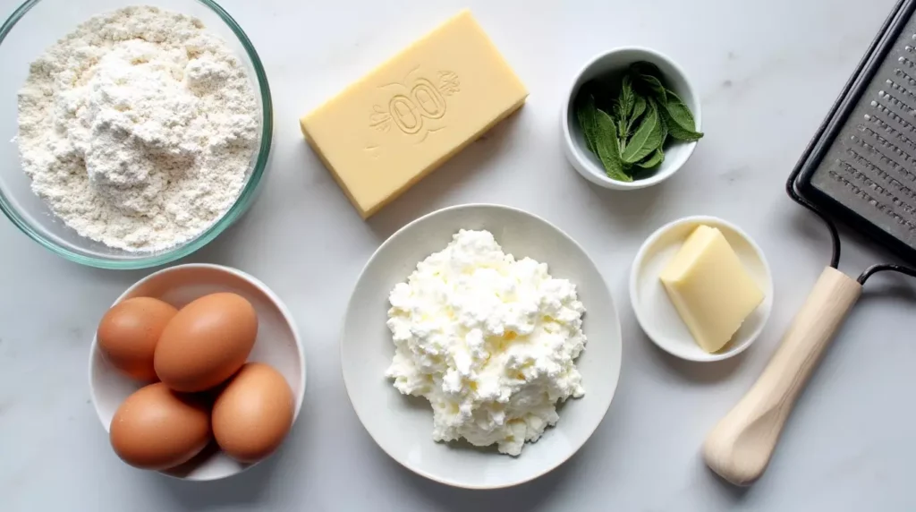 Flour, eggs, Parmigiano Reggiano, sage, ricotta, and butter arranged on a kitchen counter