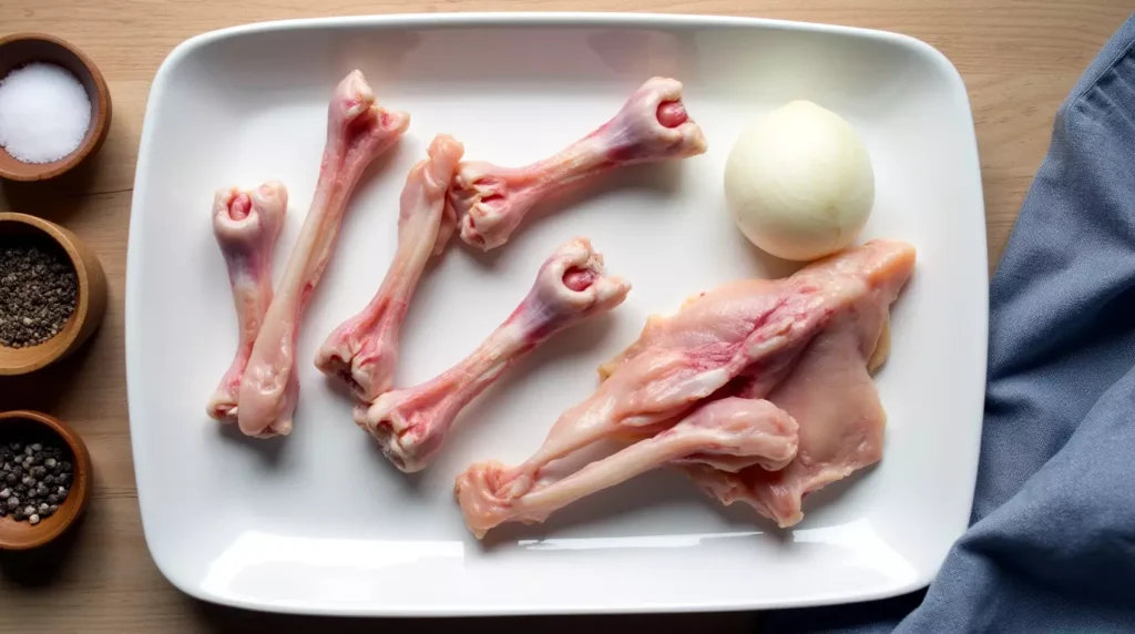 Raw chicken bones and sliced white onions on a white plate, ready to make Keto Bone Broth Chicken Soup