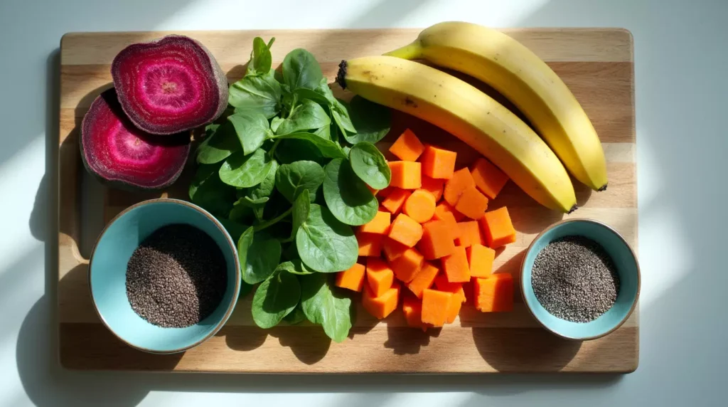 Flat lay of beet, carrot, spinach, banana, and chia seeds on a cutting board