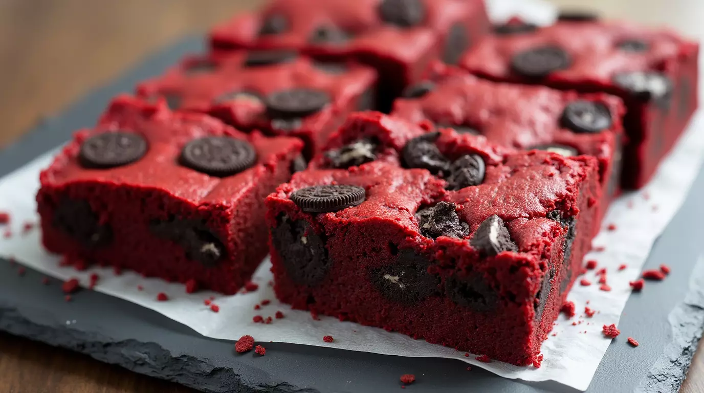 Sliced red velvet Oreo brownies arranged on a white plate