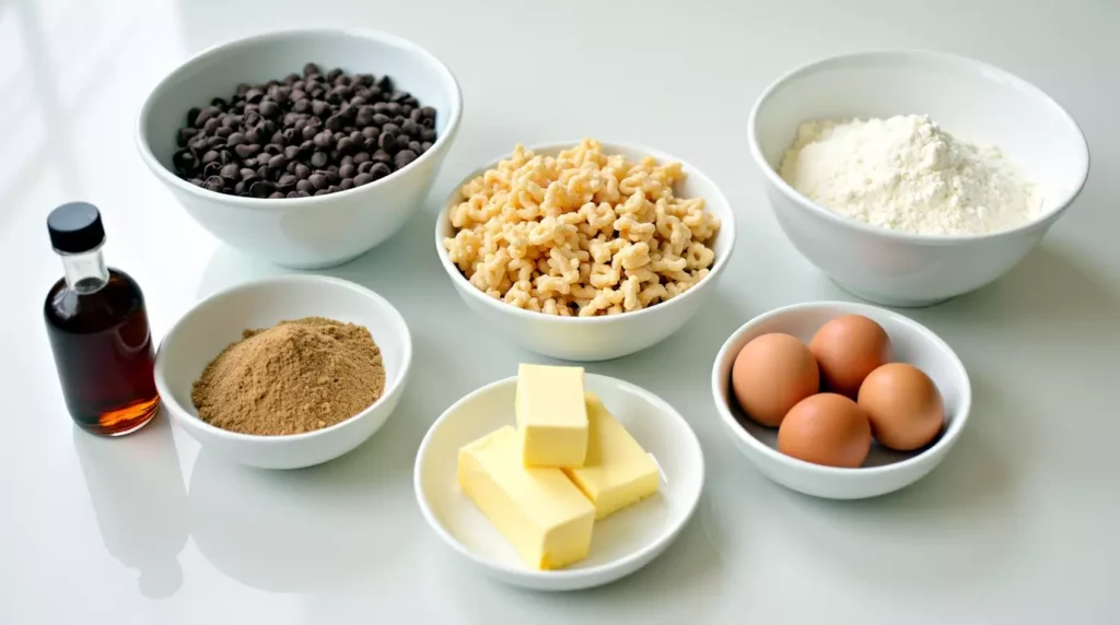 Ingredients for rice krispie chocolate chip cookies arranged on a kitchen counter