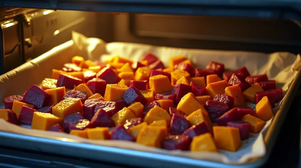 Sheet pan with sweet potatoes and beets roasting in an oven